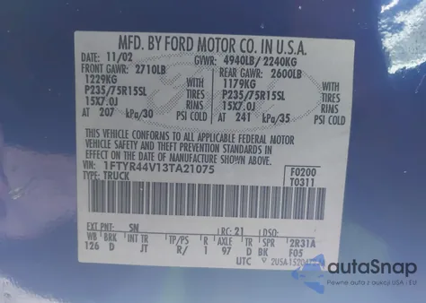 2003 Ford Ranger Edge/Tremor/Xlt from USA, damaged, VIN 1FTYR44V13TA21075